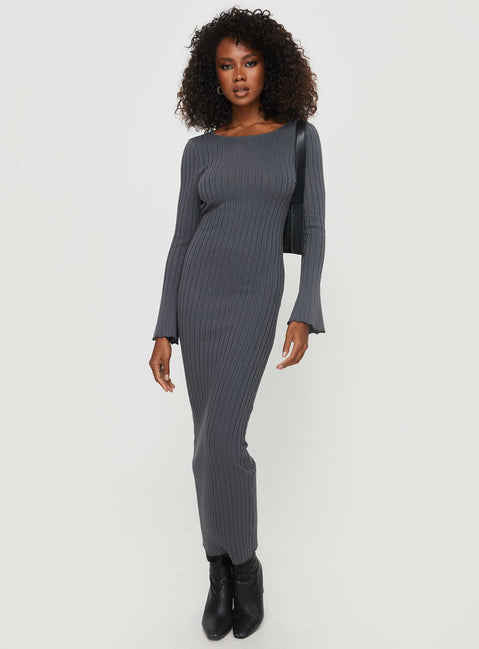 side view of model wearing Princess Polly Heleni Long Sleeve Maxi Dress Grey Scoop Neck 