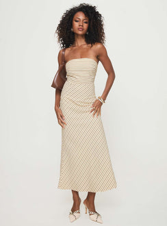 front view of model wearing Princess Polly Chrysa Strapless Maxi Dress Beige Straight Neck 