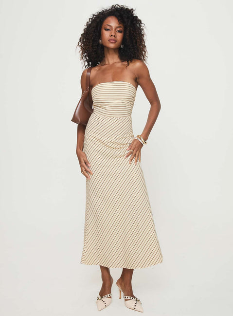 front view of model wearing Princess Polly Chrysa Strapless Maxi Dress Beige Straight Neck 