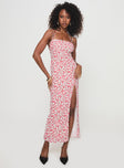 side view of model wearing Princess Polly Kish Maxi Dress Red Floral Square Neck 