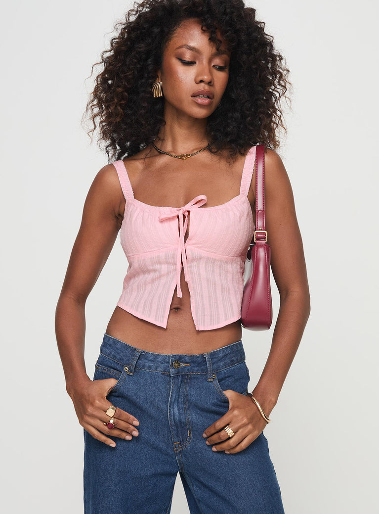 front view of model wearing Princess Polly Langston Top Pink Sleeveless Scoop Neck 