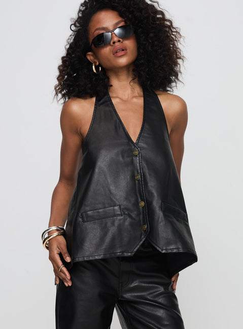 front view of model wearing Princess Polly Hills Halter Onyx Sleeveless V-Neck 