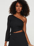 front view of model wearing Princess Polly Doulet One Shoulder Top Black Full Sleeves Asymmetric Neckline 