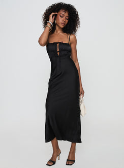 side view of model wearing Princess Polly Jaquelin Maxi Dress Black Square Neck 