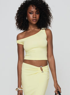 front view of model wearing Princess Polly Rios One Shoulder Top Cream Sleeveless Asymmetric Neckline 