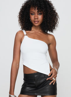 front view of model wearing Princess Polly Matthew One Shoulder Top White Sleeveless Asymmetric Neckline 