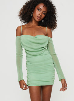 front view of model wearing Princess Polly Scardino Long Sleeve Mini Dress Green Cowl Neck 