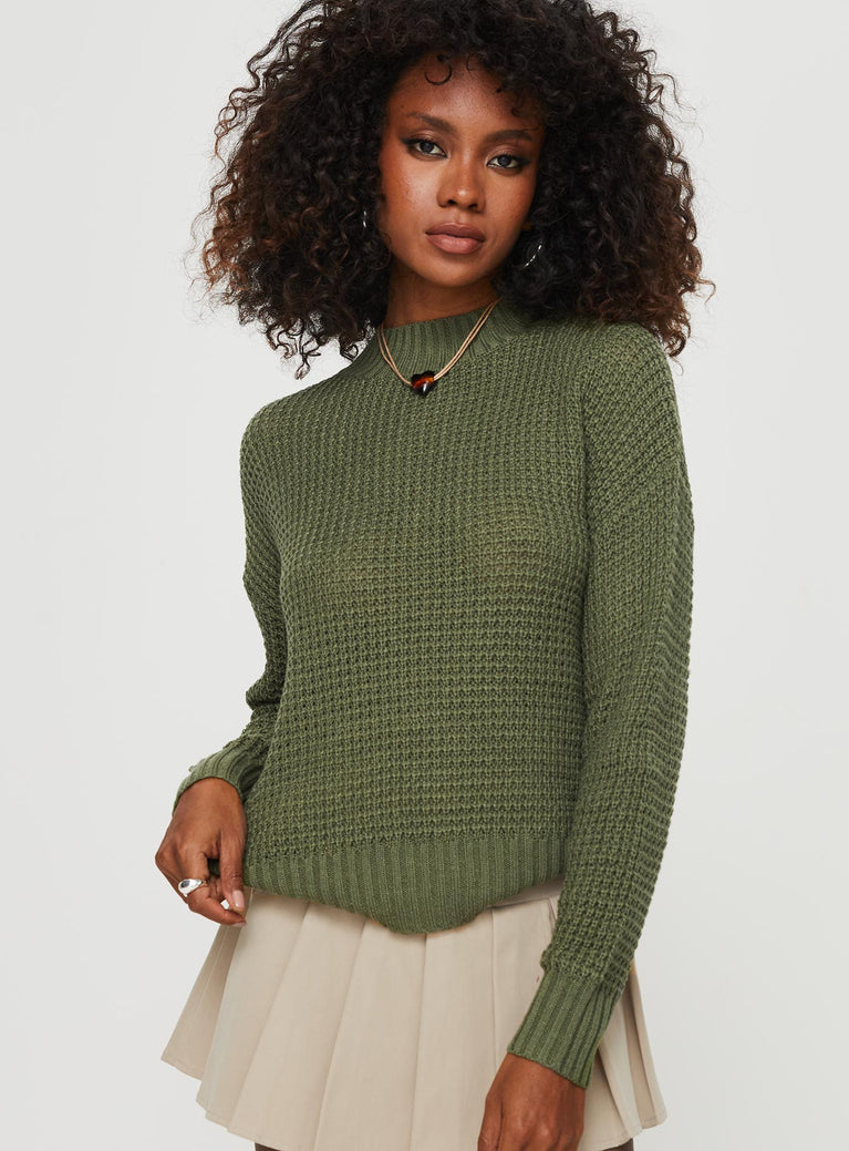 Wholesome Waffle Knit Sweater Green Princess Polly  regular 