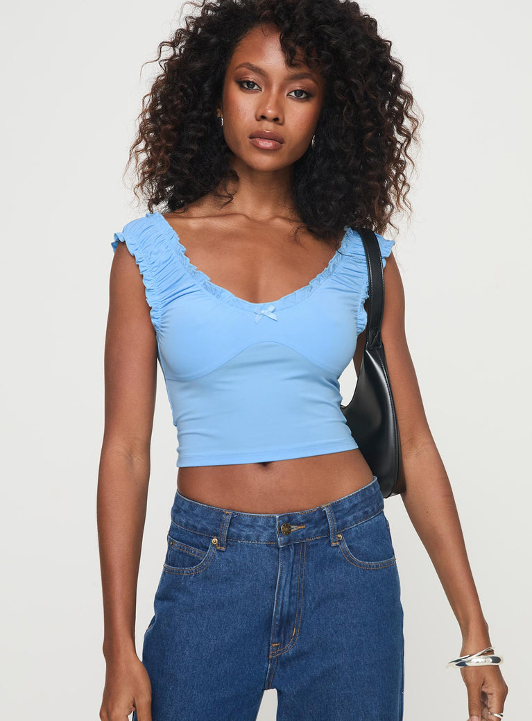 V-neck crop top Ruched shoulder straps Good stretch, lined bust Princess Polly Lower Impact