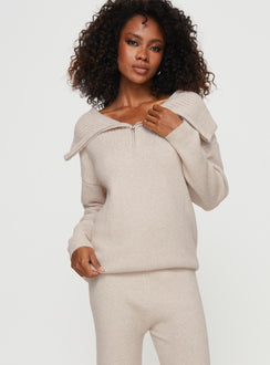 front view of model wearing Princess Polly Umanzor Quarter Zip Sweater Beige regular 