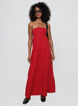 side view of model wearing Princess Polly Kazia Maxi Dress Red Straight Neck 