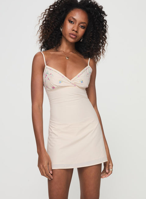 front view of model wearing Princess Polly Areti Mini Dress Cream Plunger 