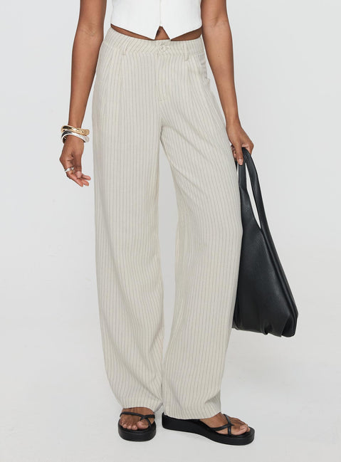 side view of model wearing Princess Polly Hayze Linen Pant Beige Pinstripe High Waisted Pants 