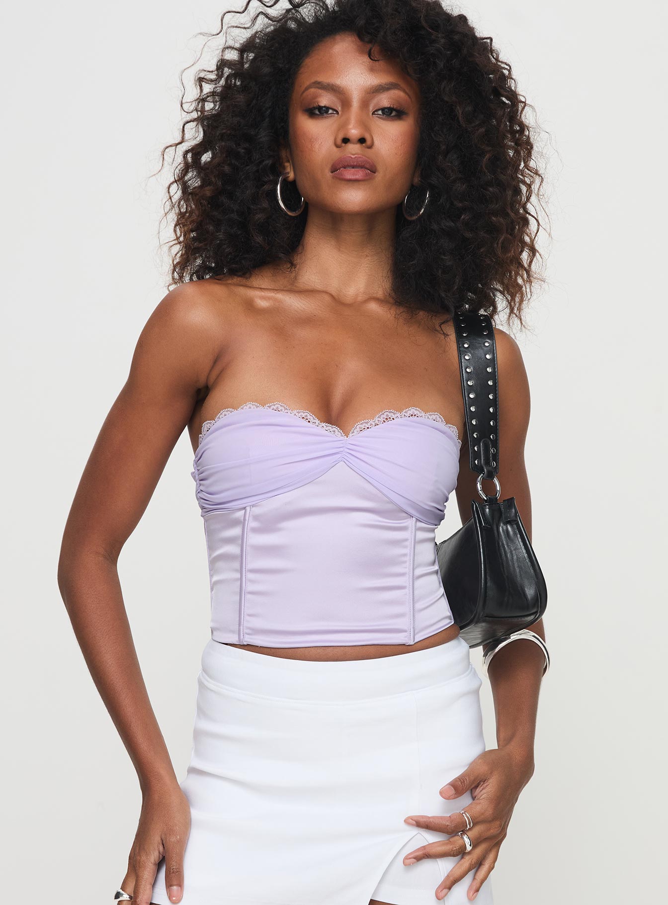 front view of model wearing Princess Polly Suga Strapless Top Lilac Sleeveless Sweetheart 