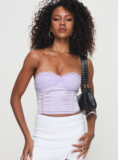 front view of model wearing Princess Polly Suga Strapless Top Lilac Sleeveless Sweetheart 