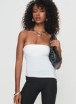 Strapless top Asymmetrical hem, split hem at die, button detail Good stretch, lined bust Princess Polly Lower Impact 