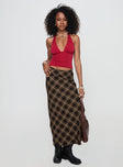   side view of model wearing Princess Polly Hayze Maxi Skirt Brown Check Maxi 