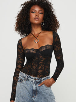 front view of model wearing Princess Polly Cadrot Long Sleeve Lace Bodysuit Black Long Sleeve Tops 