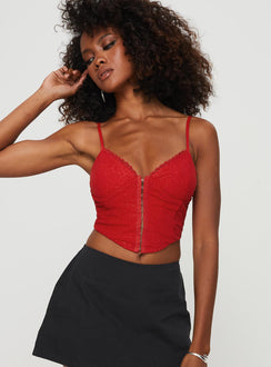 front view of model wearing Princess Polly Palisade Corset Top Red Glitter Sleeveless V-Neck 