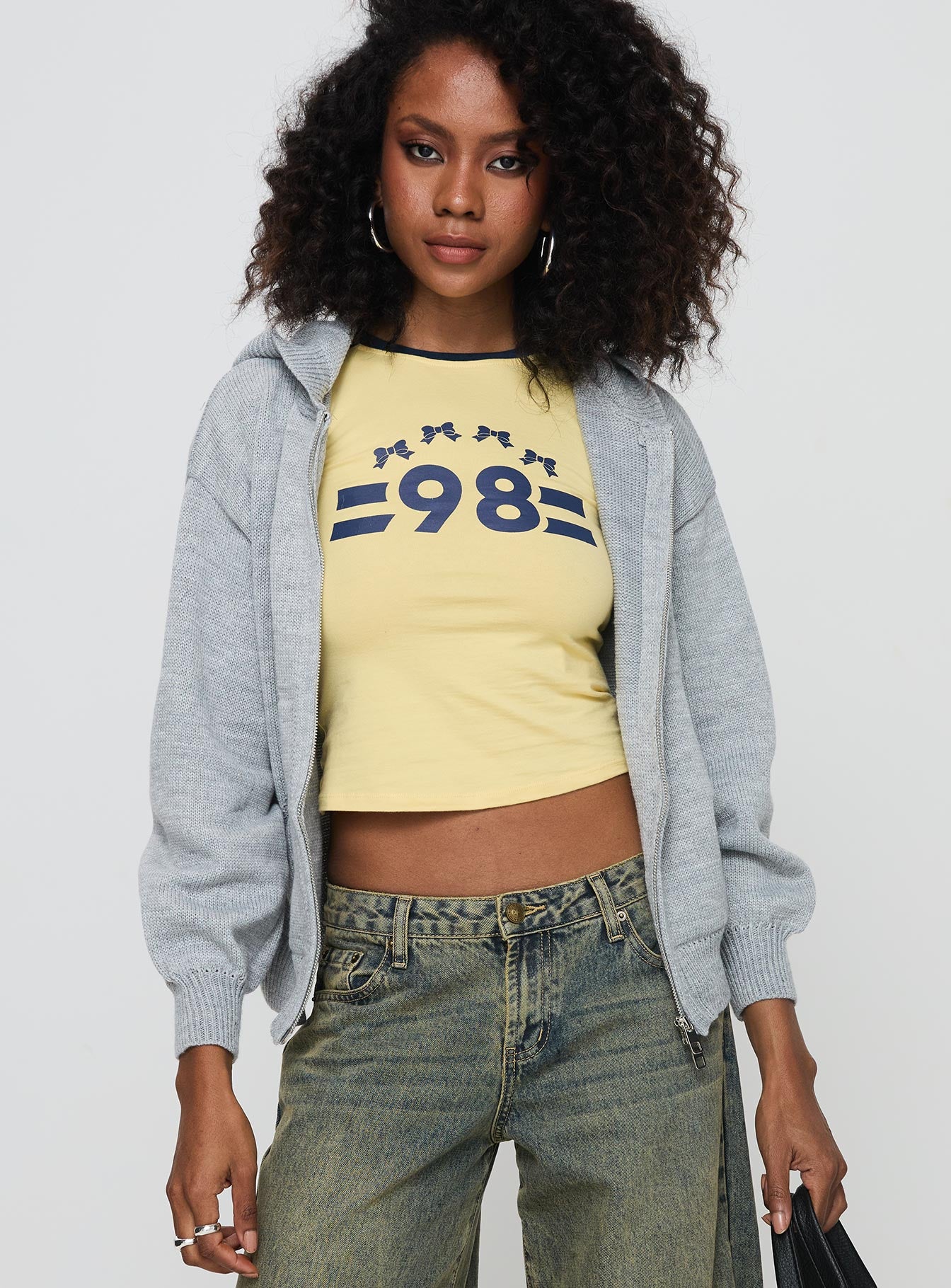 front view of model wearing Princess Polly Morrigan Zip Up Hooded Sweater Grey Marle Cropped 