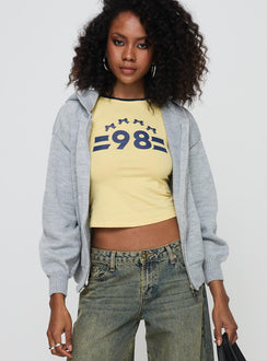 front view of model wearing Princess Polly Morrigan Zip Up Hooded Sweater Grey Marle Cropped 