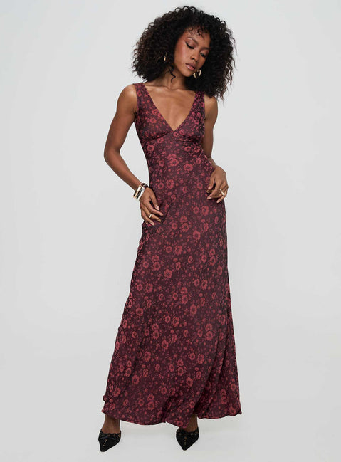 side view of model wearing Princess Polly Nell Jacquard Maxi Dress Burgundy V-Neck 