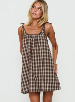 Lucka Babydoll Tie Mini Dress Brown Check