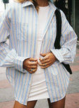 Blue and white Long sleeve blouse Relaxed fit, striped print, button fastening, twin breast pockets, classic collar