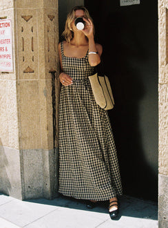 front view of model wearing Princess Polly Cartmel Check Maxi Dress Black / Cream Square Neck 