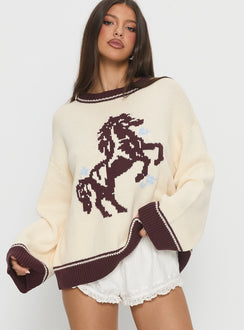 front view of model wearing Princess Polly Rhianonn Horse Graphic Knit Sweater Cream / Brown Cropped 