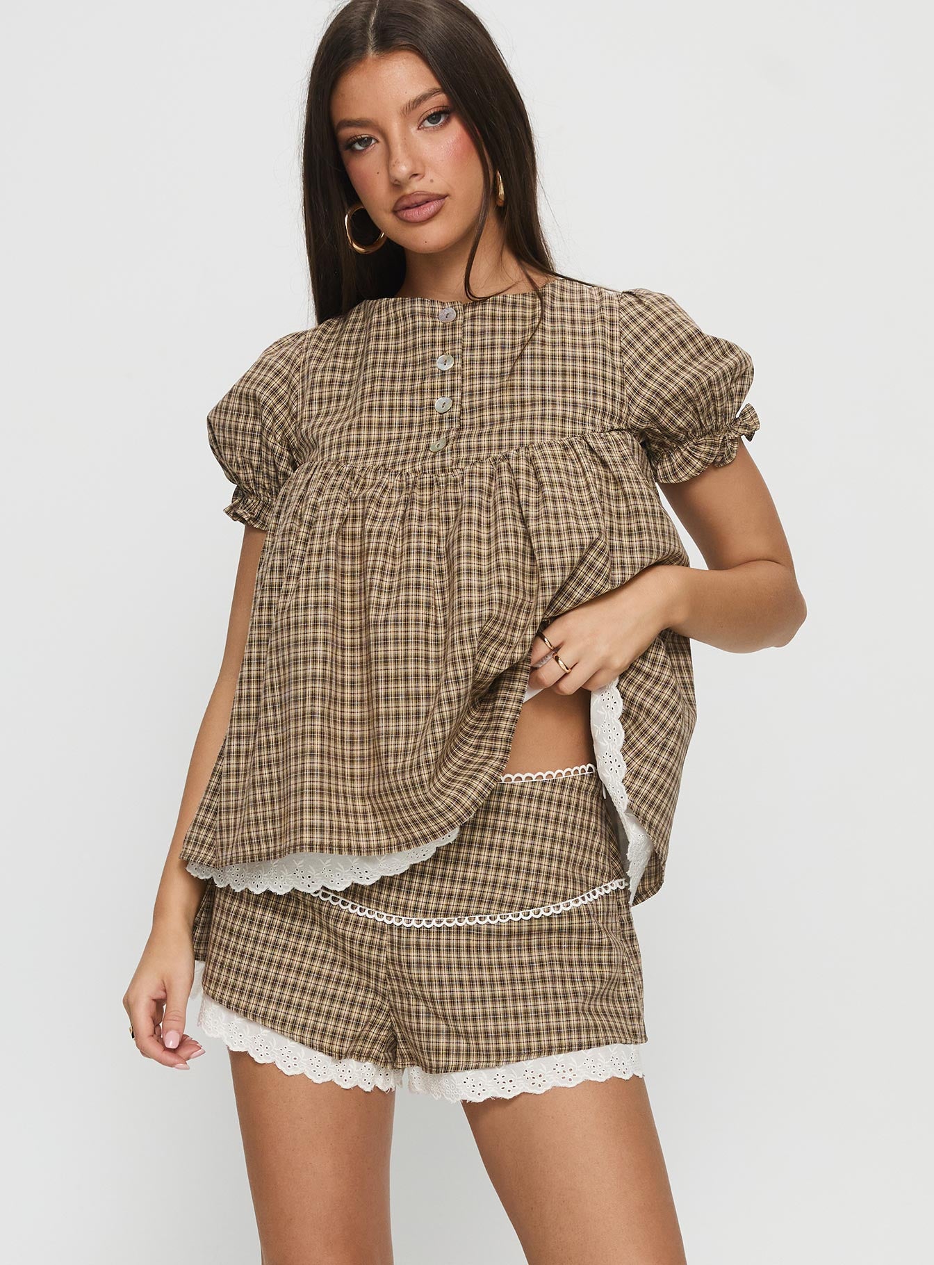 Chandelier Mini Lace Trim Shorts Brown Check