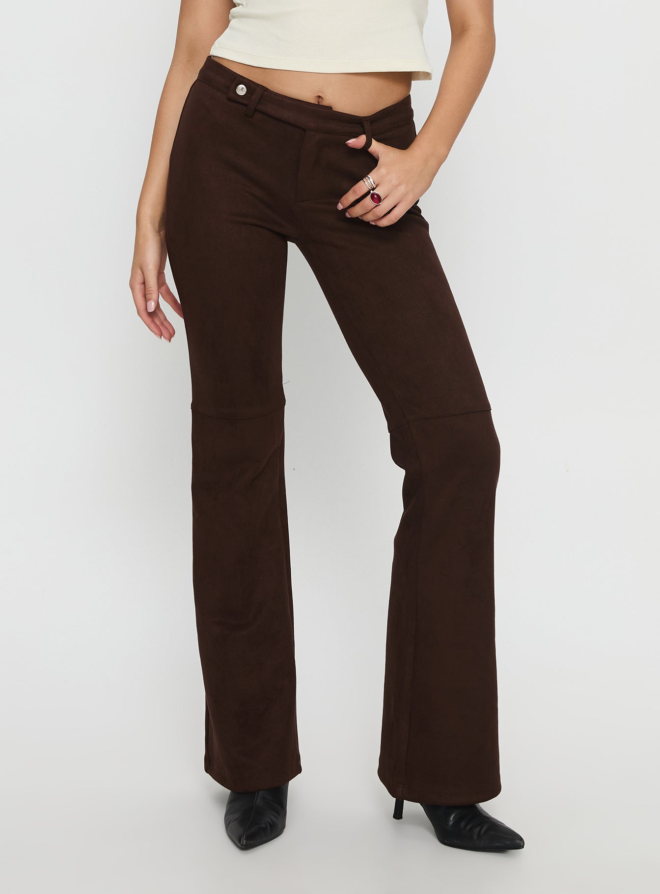 side view of model wearing Princess Polly Final Shot Faux Suede Pants Brown Low Rise Pants 