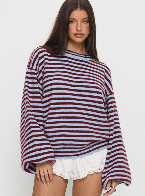 front view of model wearing Princess Polly Winter Stroll Knit Sweater Blue Stripe Longline Jumpers 