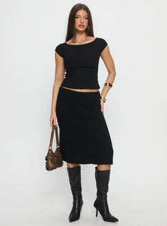   front view of model wearing Princess Polly Baseline Rib Midi Skirt Black Midi Skirts 