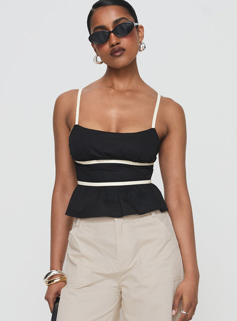 front view of model wearing Princess Polly Daxon Top Black / Cream Sleeveless Square Neck 