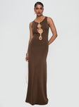 front view of model wearing Princess Polly Sanur Maxi Dress Brown Scoop Neck 