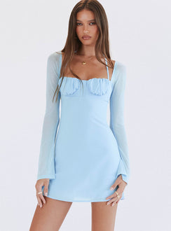 product Princess Polly High Neck High Neck Asymmetric Neckline  Dyer Sheer Sleeve Mini Dress Baby Blue