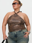 front view of model wearing Princess Polly Treat You Better Ring Detail Faux Leather Top Brown Curve Sleeveless Asymmetric Neckline 