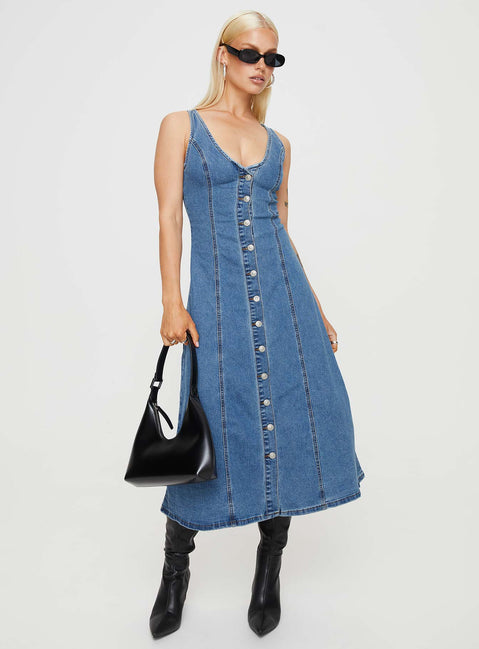 product Princess Polly V-Neck  Midler Denim Midi Dress Mid Blue