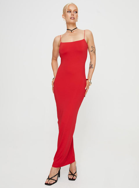 Front view of model wearing  front Princess Polly Crew Neck  Taree Maxi Dress Red