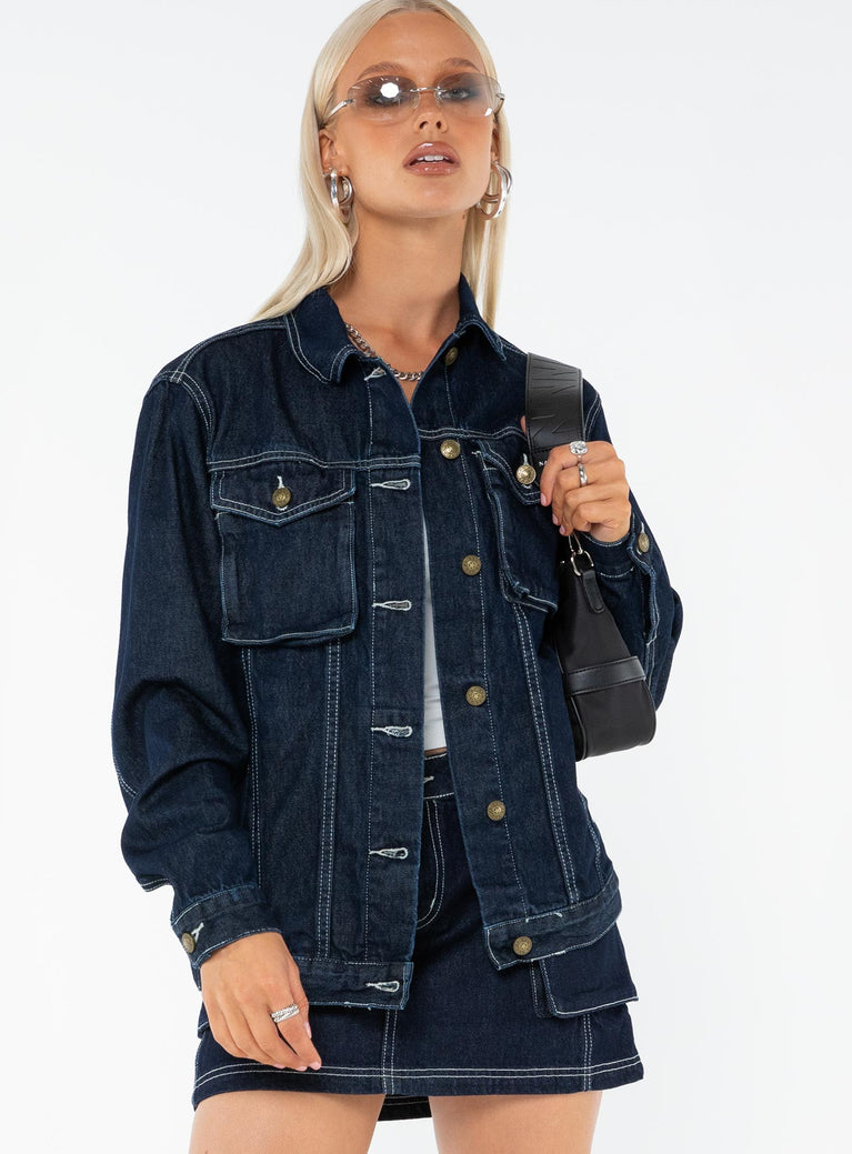 Dark wash denim jacket Contrast stitching, button fastening at front, classic collar, twin chest pockets