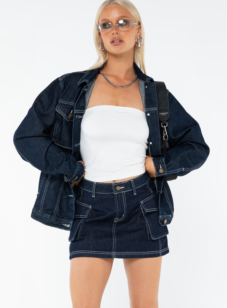 Denim mini skirt, dark wash denim, high rise Belt looped waist, zip and button fastening, contrast stitching Non-stretch material, unlined 