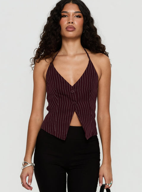 No Sleep Halter Top Burgundy Pinstripe