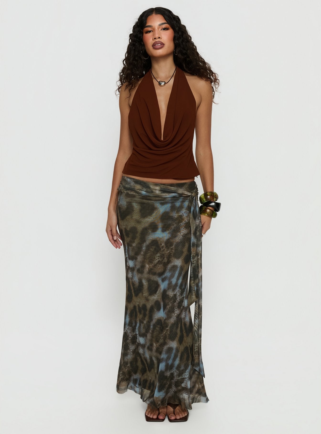   front view of model wearing Princess Polly Caviar Tie Maxi Skirt Leopard 