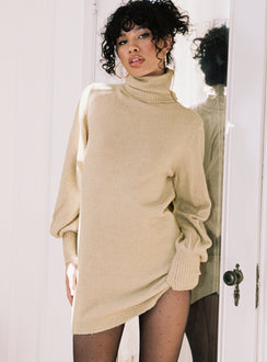 front view of model wearing Princess Polly Zahara Mini Dress Beige Petite High Neck 