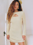 Front view of model wearing  front Princess Polly Crew Neck  Hadder Long Sleeve Knit Mini Dress Beige