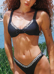 Bikini top Triangle style Adjustable shoulder straps Wired cups Lace trim Clasp fastening at back Tie detail at bust