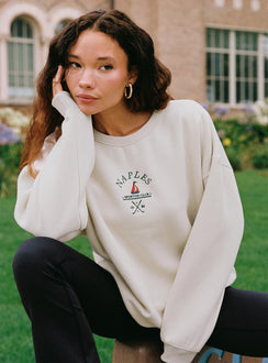 side view of model wearing Princess Polly Dream Fleece Classic Crewneck Sweater Beige 