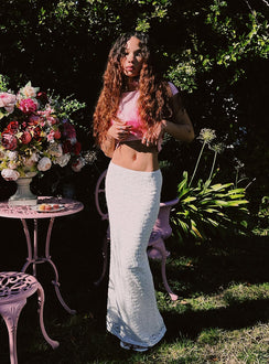   side view of model wearing Princess Polly Venices Maxi Skirt Cream Maxi 