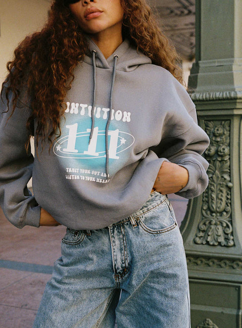 back view of model wearing Princess Polly Intuition Hooded Sweatshirt Bubble Text Charcoal regular 